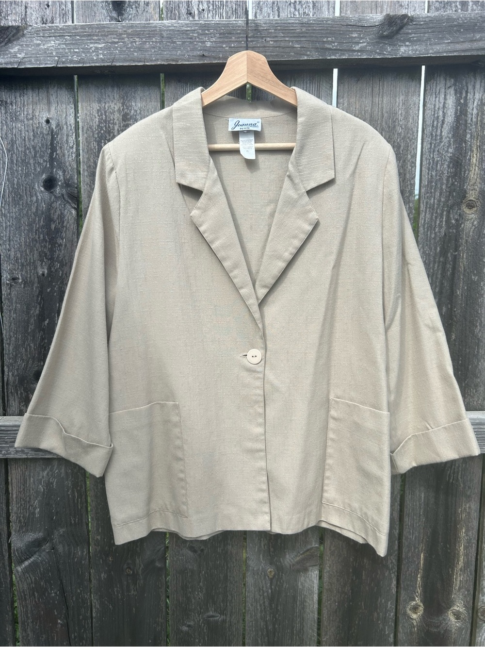 Vintage 90s Joanna Textured Linen Blend Beige Boxy Blazer Jacket PL